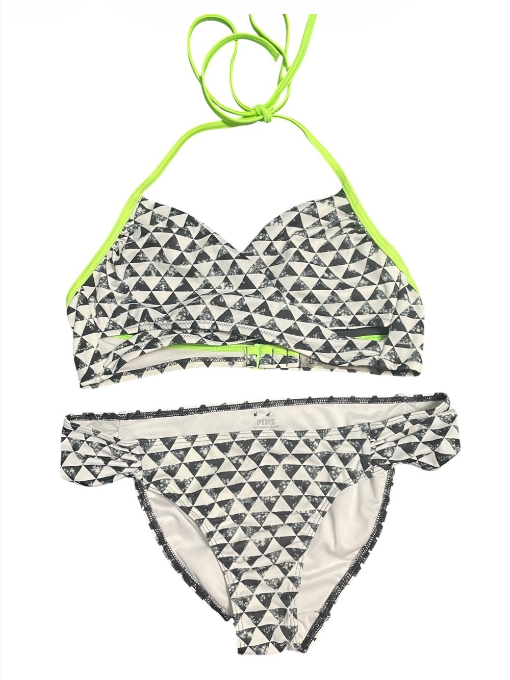 Victoria's Secret Black & White Geometric Bikini with Neon Green Trim